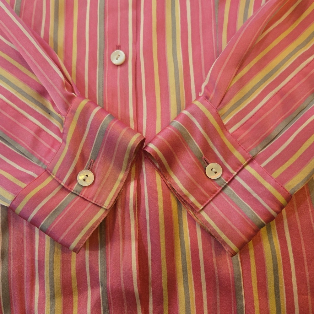 100% Silk Striped Button Down Shirt Pink Yellow Size Medium Womens - Picture 6 of 8
